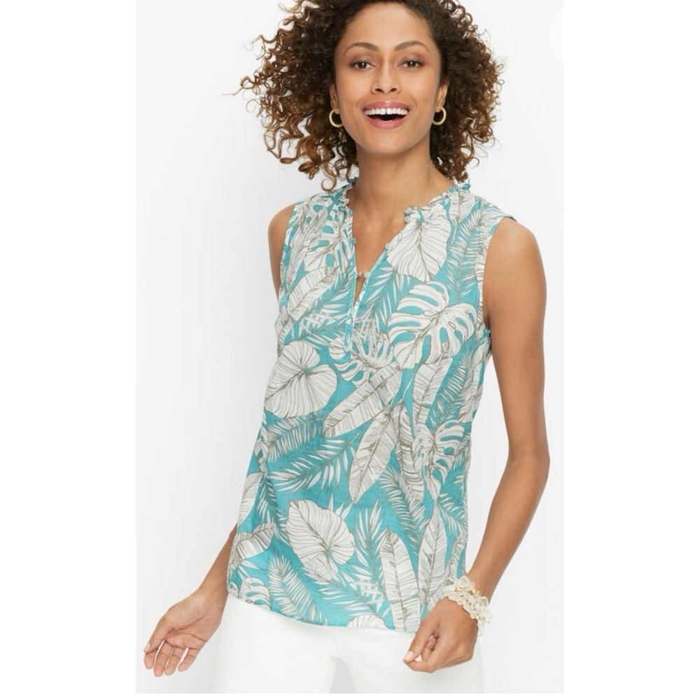 Talbots Sketched Leaves Sleeveless Blouse Top Size L‎ 100% Cotton Turquoise